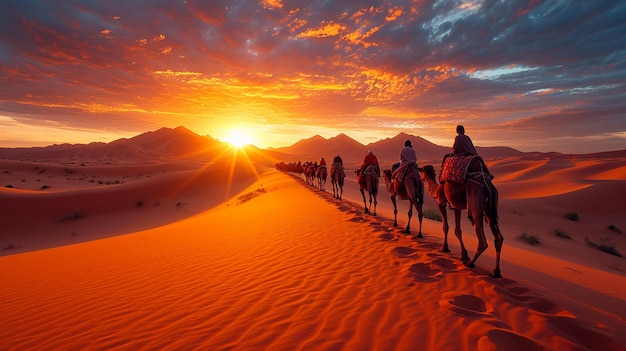 panoramic view of the Sahara Desert with a caravan of camels at sunset