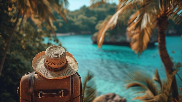 Panoramic view of the seacoast with suitcases with straw hat on the sand beach