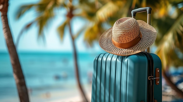 Panoramic view of the seacoast with suitcases with straw hat on the sand beach