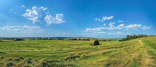 Photo panoramic view of a serene countryside landscape with hay bales and clear blue sky on a sunny day