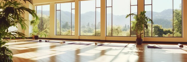 Panoramic view of a serene yoga studio with mats plants and peaceful natural light streaming