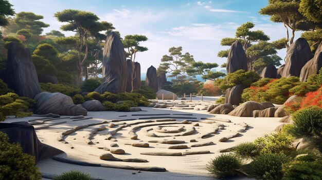 A panoramic view of a serene Zen garden in the Far East with meticulously raked sand peaceful rock