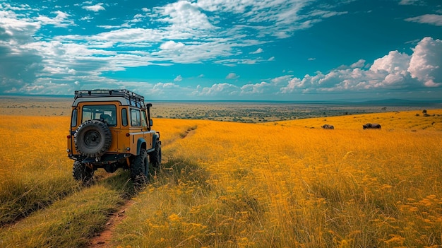 panoramic view of the Serengeti in Tanzania with a safari jeep and wildlife