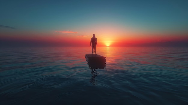 Photo a panoramic view of a silhouette of a lone wanderer on a wooden raft sailing into the twilight on