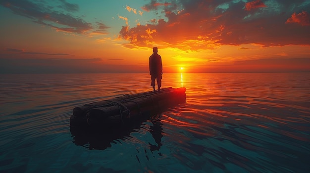 Photo a panoramic view of a silhouette of a lone wanderer on a wooden raft sailing into the twilight