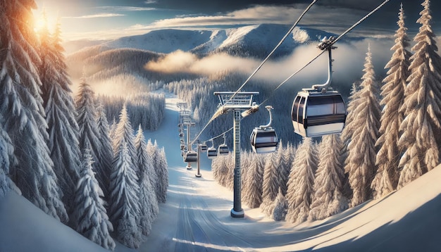 Photo panoramic view of ski resort with chairlifts and snowy trees ski winter resort