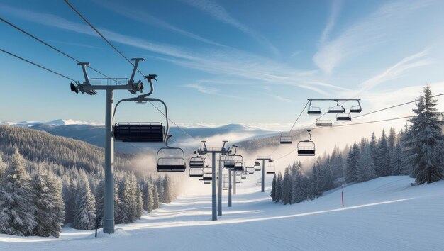 Photo panoramic view of ski resort with chairlifts and snowy trees ski winter resort