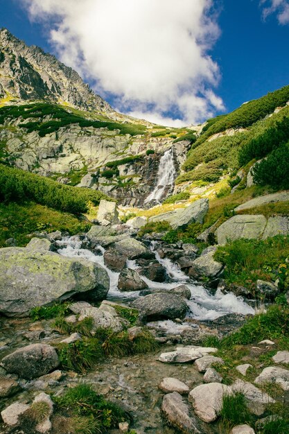 Panoramic view of Skok waterfall and the lake in the western part of High Tatras Slovakia