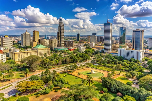 Photo panoramic view of the skyline of nairobi kenya with uhuru park in the foreground