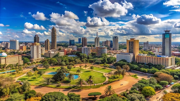 Panoramic view of the skyline of Nairobi Kenya with Uhuru Park in the foreground