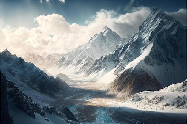 Panoramic view of snow capped mountain peaks scenery background