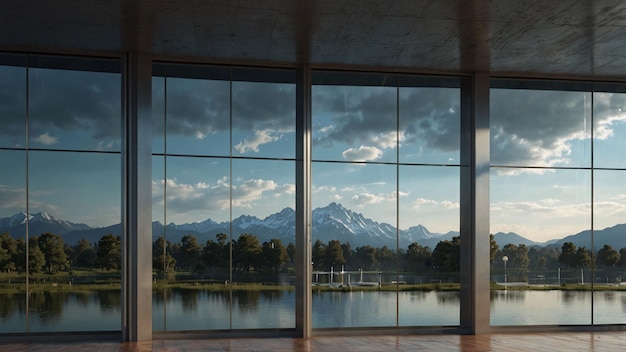 Photo panoramic view of snowcapped mountains and lake through large glass windows in modern building