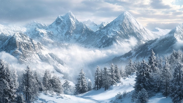 Photo panoramic view of snowy winter mountains