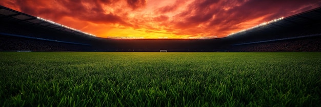 Photo a panoramic view of a soccer stadium field at dusk with a dramatic sky of red and orange cloud