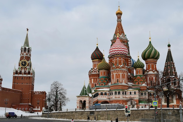 Panoramic view of the Spasskaya Tower of the Moscow Kremlin and St Basils Cathedral February 11 2022 Moscow Russia