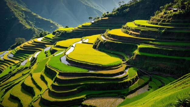 Panoramic view of sunlit green terraced rice fields on a mountainside