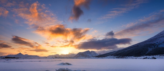 Panoramic view of the sunset sky Winter landscape The Lofoten Islands Norway High resolution photo