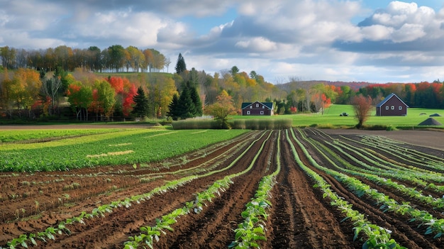 Photo panoramic view of a sustainable farm with diverse crops and conservation tillage during fall season