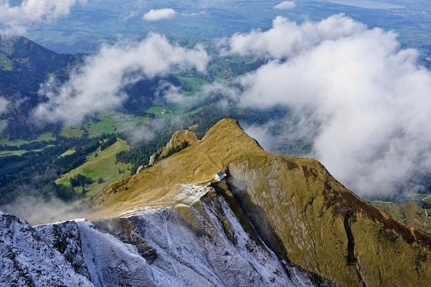 Panoramic view of the Swiss Alps from Mount Pilatus, Lucerne, Switzerland.