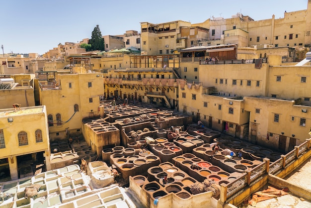 Panoramic view of tanneries of Fes, colour paint for leather, Morocco, Africa