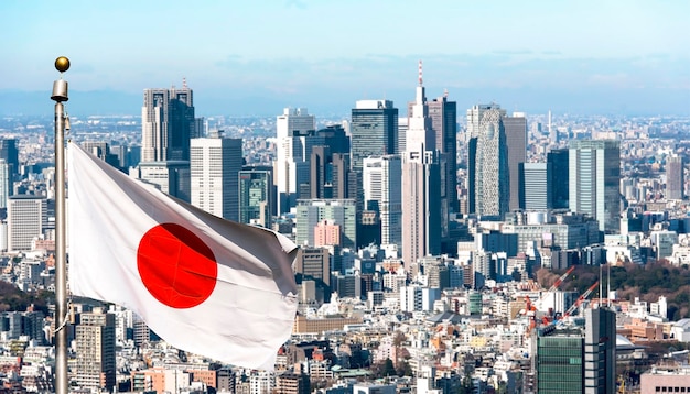 Panoramic view of Tokyo and Japanese flag Japan