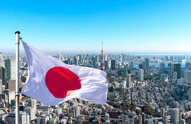 Panoramic view of Tokyo and Japanese flag