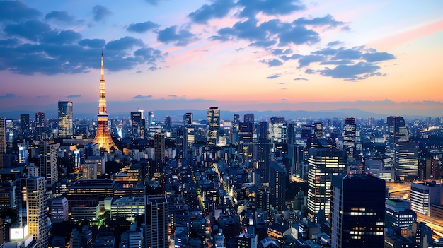 A panoramic view of the Tokyo skyline at dusk with the Tokyo Tower visible in the center of the image