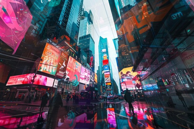 A panoramic view of towering holographic advertise generative ai