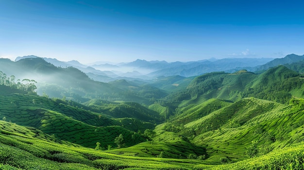 A panoramic view of undulating tea hills blanketed in vibrant shades of green stretching endlessly beneath a clear blue sky