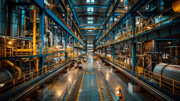 Panoramic view of a vast welllit modern industrial factory with machinery and workers at night