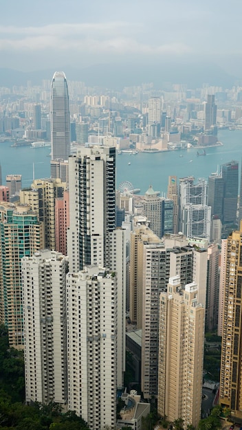 Panoramic view of Victoria Bay central Hong Kong seen from the peak