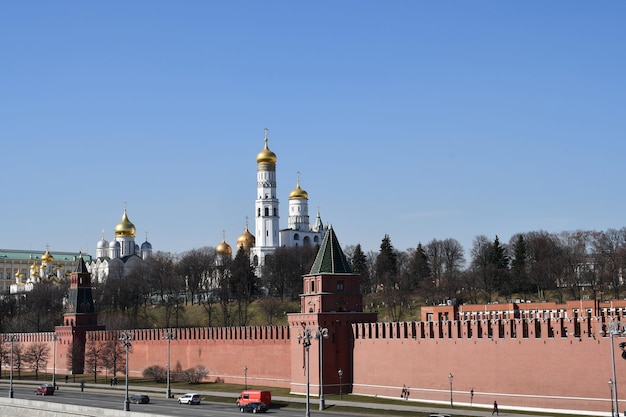 Panoramic view of the wall of the Moscow Kremlin and cathedrals on the territory of the Kremlin