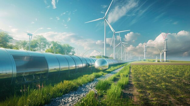 panoramic view of a wind farm in the background and a hydrogen pipeline Idea to make hydrogen green