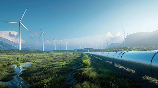 panoramic view of a wind farm in the background and a hydrogen pipeline Idea to make hydrogen green