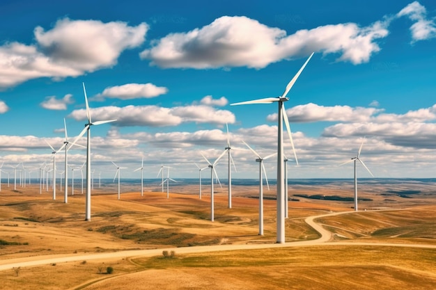 Panoramic view of wind farm or wind park with high wind turbines Generative AI