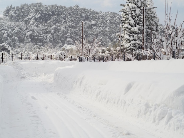 Panoramic view winter with lots of snow and snow drifts in a Greek village on the island Evia Greece