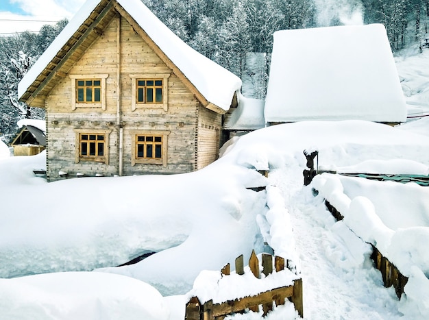 Panoramic view of wooden snow-covered houses and bridge. Winter landscape. Rural background