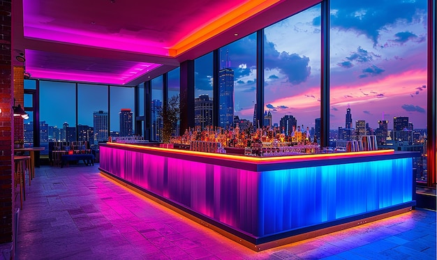 Panoramic Views at Neonlit Rooftop Bar