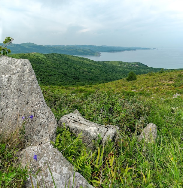 Panoramic views of the ocean and green hills