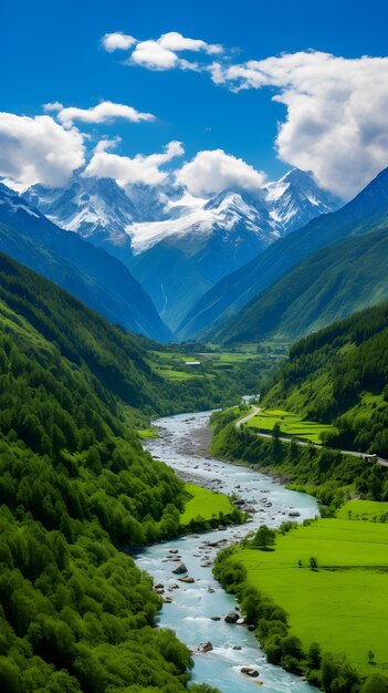 Panoramic Vista of A Lush Valley with A Serene River Enveloped By SnowCapped mountains and Blue Sk