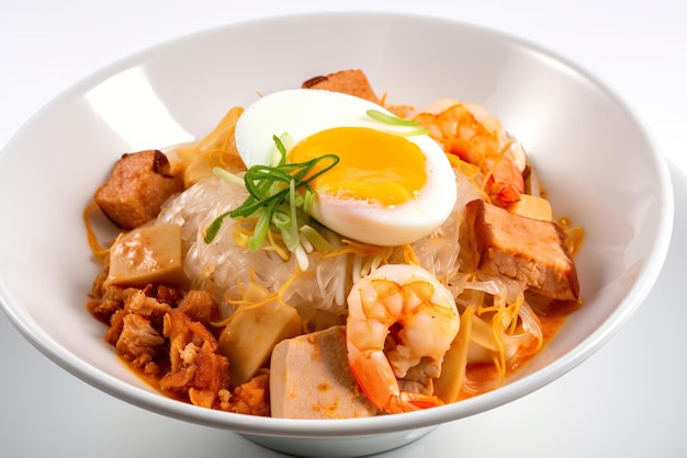 Pansit Palabok rice noodles with pork eggs and chicharron Filipino dish food from Philippines