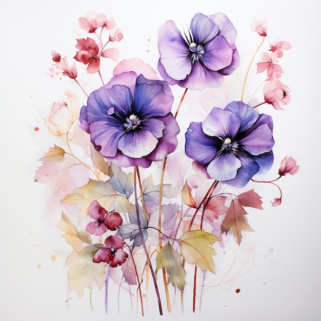 Pansy flowers Long stems leaves Thin black inky outline around flower petals watercolor painting