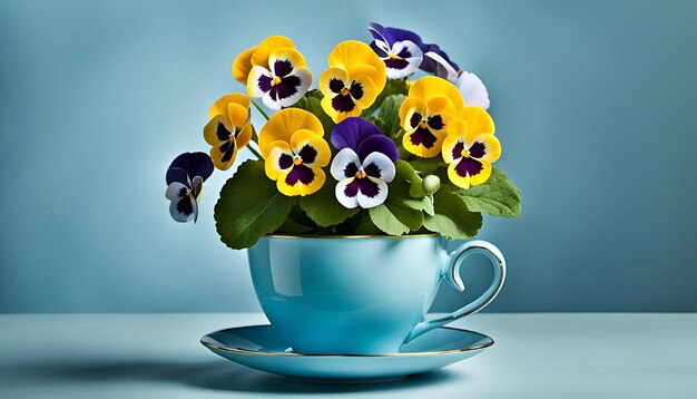 Pansy yellow flowers in blue cup