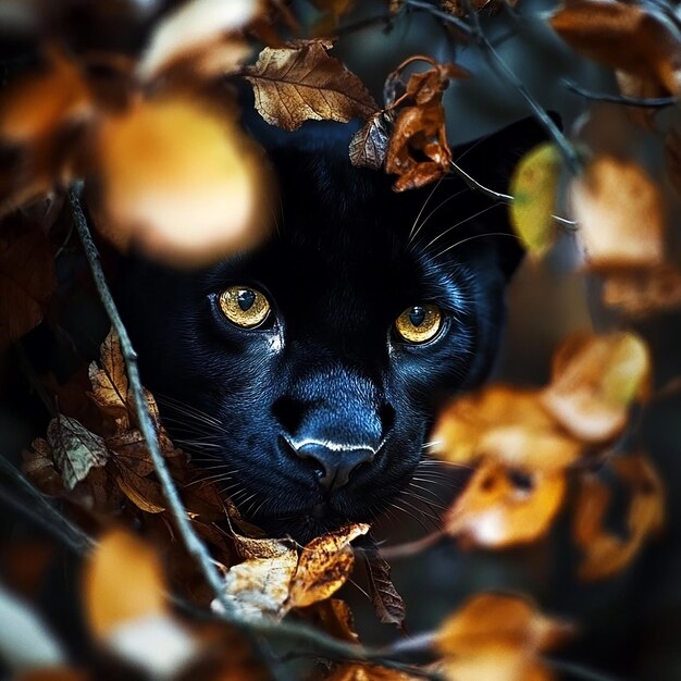 Photo panther camouflaged among the leaves