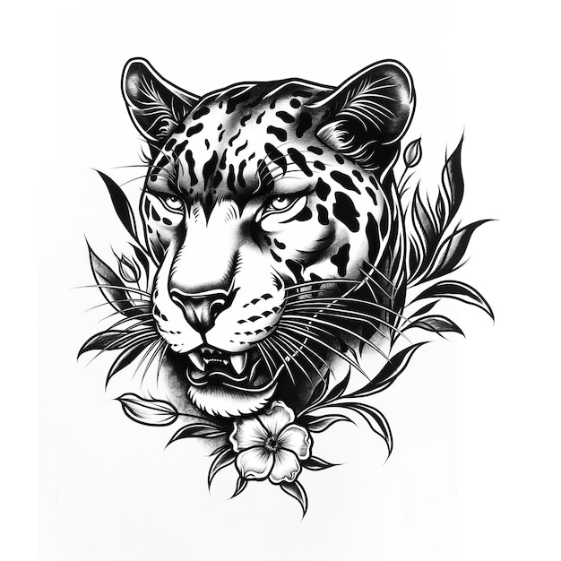 Photo panther head drawing in black and white tattoo design concept featuring wild animal face graphic