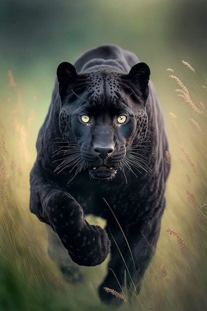 Panther running in action on the field grass Generative AI