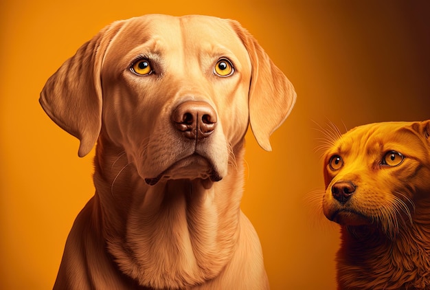 A panting Labrador retriever dog and a ginger cat are seen on a dark yellow backdrop