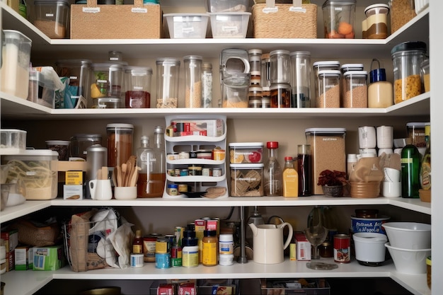 A pantry with food items neatly organized and labeled created with generative ai