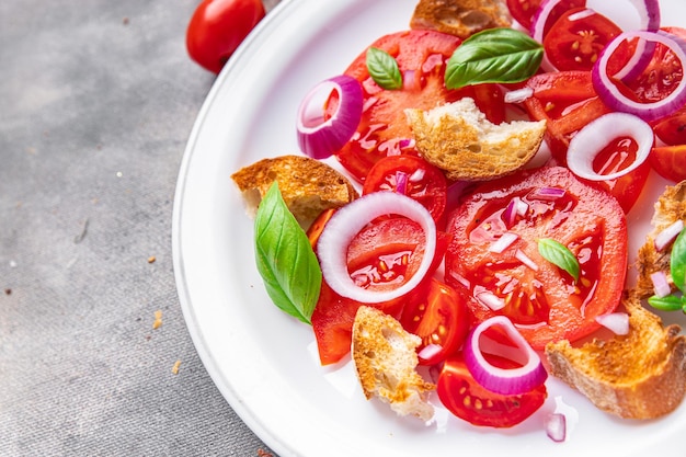 panzanella salad vegetables tomato, dried bread, onion healthy meal food snack diet on the table