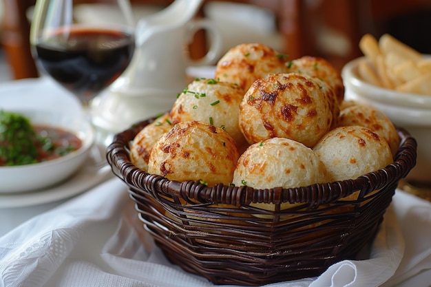 Pao de Queijo brazilian cheese bread in the kitchen table professional advertising food photography